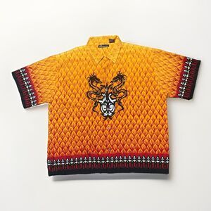 Vtg Y2K No Boundaries Orange Fire Dragon Button Up Shirt Skater Size XL